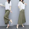 Women's Two Piece Pants Cotton Linen Suits Women Clothing Short Sleeve Tops Loose Korean Thin Elastic Waist Wide-leg Lady Two-piece Sets
