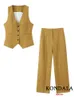 Damespakken Blazers Kondala Office Lady Linen Brown Pakken Women V Neck Single Knoppen Vest Blazerhigh Taille Wide Leg broek Mode Zomer Sets 230821