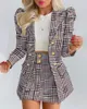 Women's Jackets Office Ladies Suit Spring Summer Fashion Long Sleeve Coat And Skirt Sets Elegant Plaid Print Blazers Two Piece Set