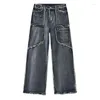 Jeans pour hommes automne et hiver haute rue pantalon à jambes larges pantalon vintage lavage bord rugueux épissage de tube droit mâle