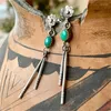 Boucles d'oreilles en peluche vintage ovale incrusté vert et bleu pierre ethnique couleur métalle de métal fleur de sculpture suspendue aux femmes longues nia6
