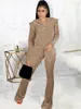 Tweedelige broek voor dames Kexu Velvet herfstset voor vrouwelijke outfits 2023 Winter Ruffels Schouder Hooed sweatshirt Flare Suit tracksuit