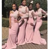 2023 핑크 레이스 신부 들러리 드레스 긴 슬리브 인어 스윕 트레인 꽃 신부 들러리 드레스 하녀 명예 웨딩 파티 드레스