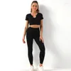 Active Sets Ribbed Seamless Yoga Set 2 Piece Sport Suit Women Workout Short Sleeve Gym Crop Top High Waist Leggings Fitness