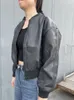 Damenleder RR2497 Streetwear Faded Effect Bomber Jackets Frauen Vintage Kurzgeschnittene Faux Jacke Frauen hoher Nacken PU-Leer-Mäntel