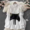 Work Dresses Spring Korean OL Blouse Belt 2 Piece Sets Women Long Sleeve Single-Breasted Ruffles White Shirt Dress PU Girdle Suits