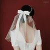 Brautschleiern Frauen Tüll Hochzeitskleid weiße Bandkante Bogen mit Haarclip Kurzschleier Braut Ehe Party Accessoires