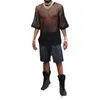 Men's T-skjortor 2023 Summer Sexig transparent fast färg Runda hals Fishnet Hollow Tops Kortärmad Fashion Casual Personality T-shirt