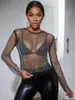 Women's T Shirts Mesh Cover Up See Through Fishnet Shirt Sexy Long Sleeve Crop Top Transparent Clubwear Tees