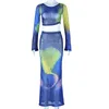 Robe de deux pièces Boho Blue Tie Dye Leisure Set Femmes Jupe Ensembles Flare Manches Plissé Crop Top Chemise Taille Haute Mode Deux Pièces Costumes 230822