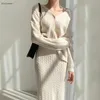 Dwuczęściowy sukienka w stylu koreański i zimowy zestaw dla kobiet z długim rękawem Sweter swetrów wysokiej talii MIDI SPIRT 2 SETS 230821