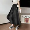Saias elegantes longas mulheres sólidas plissadas midi cintura elástica maxi saia coreana moda preta jupe longue femme