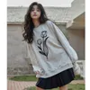 Kvinnors hoodies koreanska blomma grå besättning baggy sweatshirt kvinnor fleece förtjockar mode rose tryck gata lata vind långa ärmar