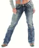 Damen Jeans Elfenbein Top-Titching Mid Rise Boot Cut Vintage Wash Reißverschluss Button Verschluss Reiten Denimhose Clothi