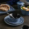 Plates Fabric Pattern Dinnerware Set Ceramic And Bowls Dishes Retro Blue-Black Tableware 13/20/25PCS Serving For 4/6/8