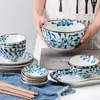 Borden 6 personen Gebruikers Ceramische servies Set Japan -stijl onder geglazuurde handgeschilderde bestek kommen 8inch plaat 2 10pairs Chopsticks cadeau