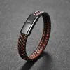 Charm Bracelets Fashion Men Jewelry Black/Red Braided Leather Bracelet Titanium Steel Magnetic Clasp Bangles Male Gift