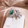 클러스터 링 섬세한 자유형 나비 에메랄드 여성을위한 다이아몬드 커플 링 가득한 녹색 지르콘 실버 플랜트 할로윈 선물 보석