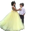 Lovely Ball Girls Dresses Yellow 3D Floral Beads Sleeveless Kids Birthday Party Dress Flower Child Prom Gown With Bow 403