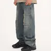 Мужские джинсы Y2K Vintage Washable Plush Edge Multi Pocket Pright Pright Tube Design Design Lose Relced Pants