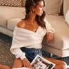 Women's Sweaters White Sweater Kintted Women Vneck Off Shoulder Striped Pullovers Spring Autumn Winter Jumper Y2k Top Crochet Streetwear 230822