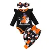 Rompers 2023 Halloween bambine 2 pezzi Set di abiti set di cotone a maniche lunghe Pumpkin Ghost Ghost Knotbow Pantaloni Abiti per neonati 230823