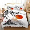 Juegos de ropa de cama Pintura de tinta china Juego de cama de bambú con flor de ciruelo Arte de la moda Funda nórdica con estuches 200x200 Tamaño Adultos Textil