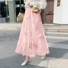 Skirts TingYiLi Feather And Dot Embroidery Mesh Skirt Princess High Waist Gray Beige Pink White Tulle Long Maxi Women