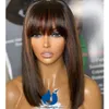 220%density Brown Highlight Short Bob Human Hair Wig with Bangs for Women Top Full Machine Wig Brazilian Remy Straight Bob