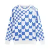 American retro designer men's sweater chequered letter print High street niche fashion loose couple long sleeve woman