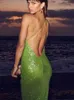 Basic Casual Dresses Green Sequin Glitter Backless Maxi Dress For Women Sexy Swing Collar Sleeveless Skinny Long Vestidos Elegant Night Party Robe 230822