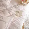 Sängkläder set rosa flickor set blommor broderi chic transparent spets ruffles quilt cover platt/monterade ark kuddväskor sängkläder