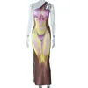Lässige Kleider mit 3D -Körper gedruckt eine Schulter ärmellose Midi Bodycon Maxi Langes Kleid 2023 Sommer Frauen Sexy Club Party Abend