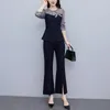 Pantalones de dos piezas para mujer Mujeres de gasa Patchwork Conjuntos elegantes para primavera Otoño 2023 Office Lady Slim Bow 2 piezas Trajes de pantalón Trajes de gran tamaño