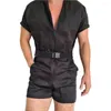 Men's Pants Men Romper Turndown Collar Jumpsuit Slim Short Sleeve