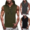 Camisetas sin mangas con cuello en V y cordón para hombre, chaleco con capucha, sudaderas con capucha informales negras, Color sólido, sin mangas, bolsillo para hombre Top308T