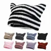 Beanie/Skull Caps 2023 New Little Devil Hand crocheted Woolen Hat Striped Hat Cute Cat's ears (Steamed cat-ear shaped bread) Casual Warm Hat J0823