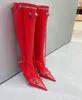 Red Leather Stiletto knee-high boots Vintage gun color threaded buckle decoration Side zipper pointed toe tassel High boots Luxury Designer fashion boot Sizes 35-42