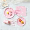 OUTROS EVENTOS FUTEMENTOS DE EVENTO 9697PCS Daisy Aniversário temático Rosa Disponível Placas de papel de mesa descartáveis ​​Banner Banner Decoração de casamento de chá de bebê 230822