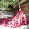 Czerwone Perły Kwiaty koronkowe sukienka Quinceanera Suknia z ramion Corset Controsel Sweet 15 Party Vestidos de XV Anos