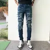 Männer S Jeans High Street Fashion Männer Retro Blue Stretch Dünne Fit Ripped Stripe Patched Designer Hip Hop Marke Hombre 230823