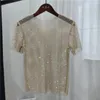 Camicette da donna 2023 Maglietta Crystal Diamond Diamante Sexy Bodycon T-shirt a manica corta Sede attraverso Rhinestone