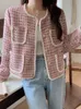 Kvinnor jackor hma högkvalitativa rosa blå rutor liten doft tweed jacka kappa för kvinnor höst vinter fransk vintage ulltwear 230822