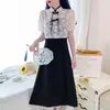 Werkjurken Sweet 2023 Summer Stand Kraag Puff Mouw Top Jacquard Sling Dress Suit dames tweedelige set Casual Elegant Party Ladies