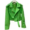 Womens Leather Faux Lautaro Y2K Short Green Gecko Biker Jacket Långärmad blixtlås Bälte färgade eleganta ytterkläder för kvinnors mode 230822