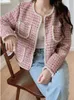 Kvinnor jackor hma högkvalitativa rosa blå rutor liten doft tweed jacka kappa för kvinnor höst vinter fransk vintage ulltwear 230822