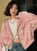 Herrtröjor tröjor Deeptown Preppy Style Pink Sweatshirts Leopard Print Y2K Harajuku Overdimasy Hoodies Women Vintage Zipper Croped Top Cute Jacket 230822
