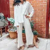 Women's Pants Women Two-piece Pleated Suits Casual Chic Solid Color Long Sleeve Button Down Shirts And Straight Leg Trousers Set