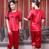 Women's Sleepwear Red Rose Shorts Silk Pajamas Set Brand Summer Home Apparel Female Satin Nightshirt Fashion Silky Nightgown Ladies