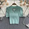 Women's Sweaters Pull Femme Beaded Diamond-Studded Love Hollow Out Pullover Sweater Puff Sleeve Knitted T-shirt Womens Stretch Thin Knitwear